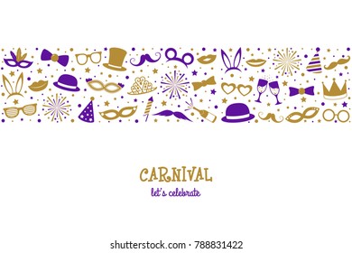 Carnival - let's celebrate. Banner in retro style with funny elements. Vector.