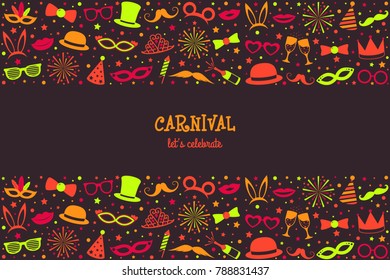 Carnival - let's celebrate. Banner in retro style with funny elements. Vector.