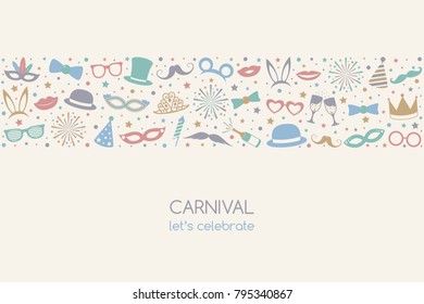 Carnival - let's celebrate. Funny banner with costumes and masks. Vector.