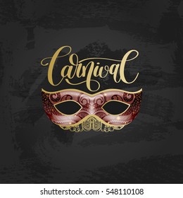 carnival lettering logo design with mask and hand written word, vector typographical illustration eps 10