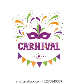 Carnival lettering logotype, emblem, icon on white background. Party, masquerade poster card, invitation, banner. Masquerade mask, garland, fireworks. Vector lettering typography design. 