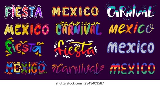 Carnival lettering, party celebrate floral fiesta text prints. Mexican or spanish holiday badges with confetti. Invitation elements neoteric vector clipart