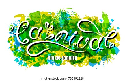 Carnival Lettering for Rio de Janeiro, Background Colors of the Brazilian Flag. Calligraphy Text for Party - Illustration Vector