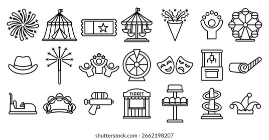 Carnival Line Icon Featuring Festive Designs Amusement and Entertainment, Fun, Party, Celebration, Holiday, Fair, Park, Symbol Vector Design Illustration Set