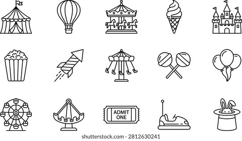 Carnival Line Icons and Theme Park Vector Outline Set with Circus Tent, Hot Air Balloon, Ferris Wheel, and Magic Hat Symbols for Web Design