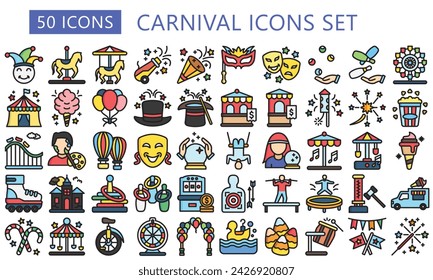 Conjunto de iconos de múltiples colores lineales de carnaval. contienen carrusel, confeti, máscara, sombrero de mago, fuegos artificiales y más. Ideal para UI o UX kit, desarrollo web y aplicación. vector EPS 10.