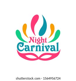 Carnival logo design, bright festive party banner or poster with mask and feathers vector Illustration isolated on a white background