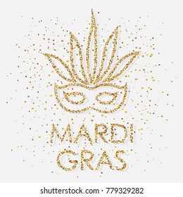 Carnival logo, mask with gold confetti, golden dust and lettering Mardi Gras. Isolated on white background. Vector illustration. 