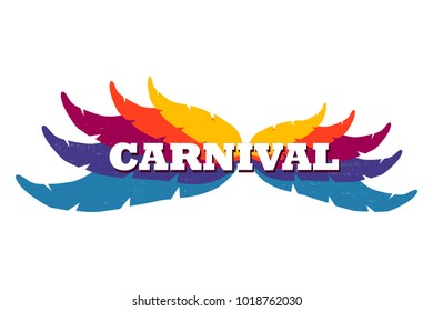 Carnival logotype, badge, icon. Party, masquerade poster card, invitation. Festival vector typography. Celebration banner on feathers textured background. Colorful illustration in yellow, purple, blue