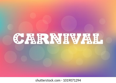 Carnival logotype, badge, icon. Party, masquerade poster card, invitation. Festival vector typography. Celebration banner on texture background. Colorful illustration in yellow, purple, blue and white