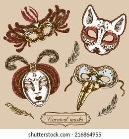 Carnival long nose eyes face festive venitian paper mache masks icons feather composition doodle color vector illustration