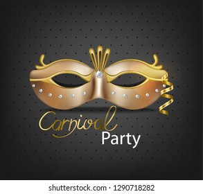 Carnival luxury golden mask Vector realistic. Stylish Masquerade Party. Mardi Gras card invitation. Night Party Poster. Dance Flyer. Musical festival banner templates