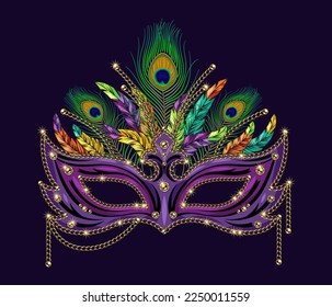 Carnival luxury mask decorated with beads, bundle of colorful feathers, golden chains. Detailed illustration in vintage style