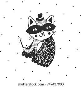Carnival magical animal. Mask and cloak. Hand drawn vector design. Scandinavian style illustration with cat.