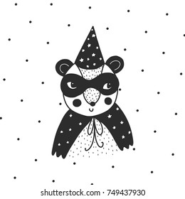 Carnival magical animal. Mask and cloak. Hand drawn vector design. Scandinavian style illustration with bear.
