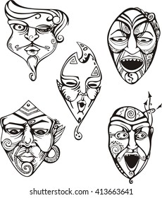 Carnival Male Masks Set. Black and white vector illustrations.