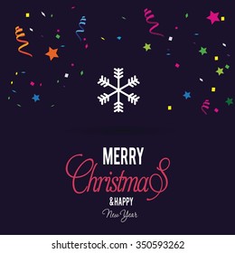 Carnival with many confetti and streamers. Vector snowflake Flat Icon card. Abstract snowflake of geometric shapes. Christmas. New Year card illustration. Holiday design Winter backgrounds