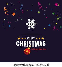 Carnival with many confetti and streamers. Vector snowflake Flat Icon card. Abstract snowflake of geometric shapes. Christmas. New Year card illustration. Holiday design Winter backgrounds