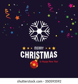 Carnival with many confetti and streamers. Vector snowflake Flat Icon card. Abstract snowflake of geometric shapes. Christmas. New Year card illustration. Holiday design Winter backgrounds