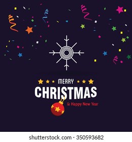 Carnival with many confetti and streamers. Vector snowflake Flat Icon card. Abstract snowflake of geometric shapes. Christmas. New Year card illustration. Holiday design Winter backgrounds