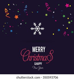 Carnival with many confetti and streamers. Vector snowflake Flat Icon card. Abstract snowflake of geometric shapes. Christmas. New Year card illustration. Holiday design Winter backgrounds