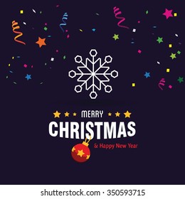 Carnival with many confetti and streamers. Vector snowflake Flat Icon card. Abstract snowflake of geometric shapes. Christmas. New Year card illustration. Holiday design Winter backgrounds