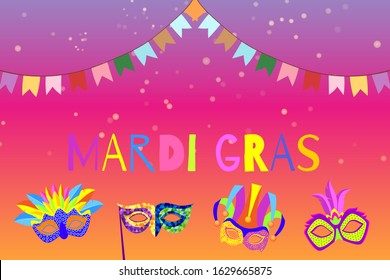 Carnival or Mardi Gras banner with cartoon masks and flags masquerade vector illustration. Venetian festival holiday Mardi gras colorful invitation.