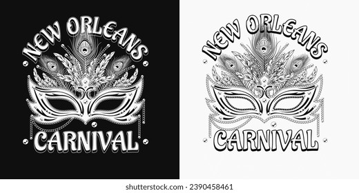 Carnival Mardi Gras black and white label with mask, chains, feathers, beads, text New Orleans. For prints, clothing, t shirt, surface design. Vintage illustration. Not AI