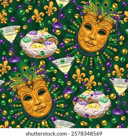 Carnival Mardi Gras green pattern with festive food, martini cocktail glass, king cake, golden venetian golden face mask with feathers, scattered beads, fleur de lis sign. Vintage style