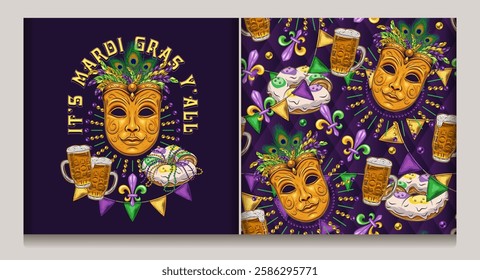 Carnival Mardi Gras label with beer, king cake, golden venetian mask, text. Seamless pattern with festive food, mask with feathers, scattered trinket, pennant garland. Vintage style.