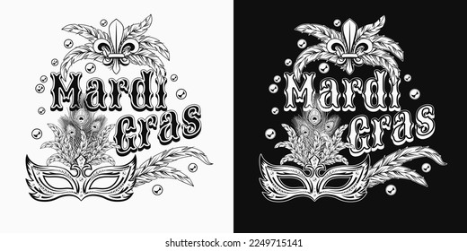 Etiqueta del Mardi Gras de Carnaval con símbolo fleur de lis, plumas, máscara carnaval, cuentas, texto. Ilustración en blanco y negro. Para impresiones, ropa, camiseta, diseño de superficie. Estilo vintage