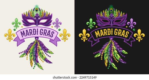 Carnival Mardi Gras label with fleur de lis symbol, feathers, carnaval mask, ribbon, beads, text. For prints, clothing, t shirt, surface design. Vintage style