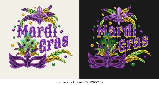 Carnival Mardi Gras label with fleur de lis symbol, feathers, carnaval mask, beads, text. For prints, clothing, t shirt, surface design. Vintage style