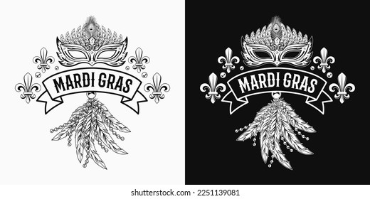 Carnival Mardi Gras label with fleur de lis symbol, feathers, carnaval mask, ribbon, beads, text. Black and white illustration. For prints, clothing, t shirt, surface design. Vintage style