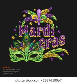 Carnival Mardi Gras label with fleur de lis symbol, feathers, carnival mask, beads, text. For prints, clothing, t shirt, surface design. Vintage illustration with editable font style. Not AI