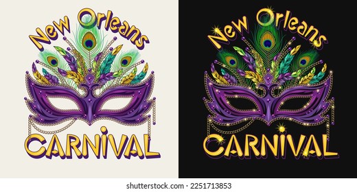 Carnival Mardi Gras Label mit Luxusmaske, Goldketten, Federn, Perlen, Text New Orleans. Für Drucke, Kleidung, T-Shirt, Oberflächendesign. Vintage-Stil