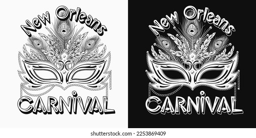 Carnival Mardi Gras label with luxury mask, gold chains, feathers, beads, text New Orleans. For prints, clothing, t shirt, surface design. Vintage style