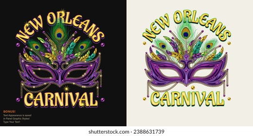 Carnival Mardi Gras label with luxury mask, gold chains, feathers, beads, text New Orleans. For prints, clothing, t shirt, surface design. Vintage illustration with editable font style. Not AI