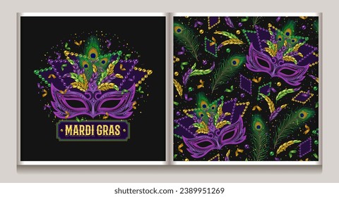 Carnival Mardi Gras label, pattern with masquerade mask, peacock feathers, confetti, scattered beads. Festive holiday design. Vintage illustration for prints, clothing, surface design. Not AI