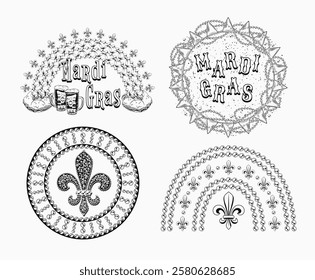 Carnival Mardi Gras labels with beaded rainbow, king cake, beads, fleur de lis symbol, glossy text. Vintage illustrations on black background. For prints, clothing, t shirt, holiday design