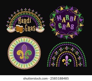 Carnival Mardi Gras labels with beaded rainbow, king cake, beads, fleur de lis symbol, glossy text. Vintage illustrations on black background. For prints, clothing, t shirt, holiday design