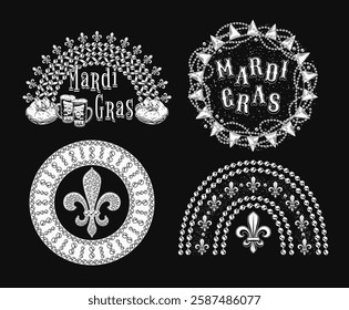 Carnival Mardi Gras labels with beaded rainbow, king cake, beads, fleur de lis symbol, glossy text. Vintage illustrations on black background. For prints, clothing, t shirt, holiday design