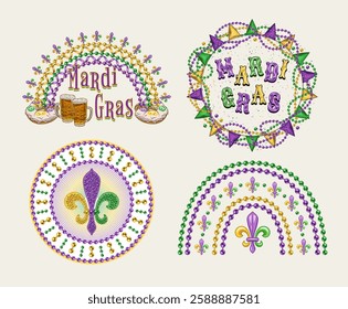 Carnival Mardi Gras labels with beaded rainbow, king cake, beads, fleur de lis symbol, glossy text. Vintage illustrations on white background. For prints, clothing, t shirt, holiday design