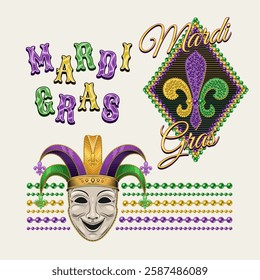 Carnival Mardi Gras labels with comedy mask in jester harlequin hat, beads, glossy text, fleur de lis symbol. Vintage illustrations on white background. For prints, clothing, t shirt, holiday design