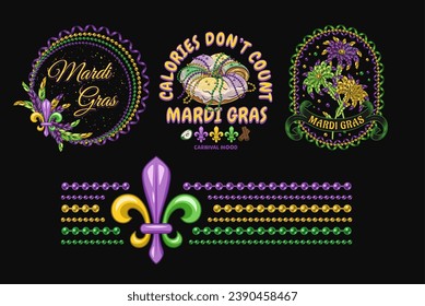 Carnival Mardi Gras labels with Fleur de Lis, holiday food, party streamers, strings of beads, text Vintage illustrations on black background For prints, clothing, t shirt, holiday goods, stuff design