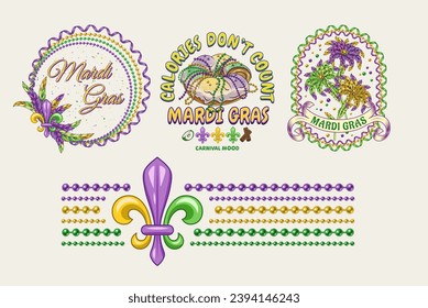 Carnival Mardi Gras labels with Fleur de Lis, holiday food, party streamers, strings of beads, text Vintage illustrations on white background For prints, clothing, t shirt, holiday goods, stuff design