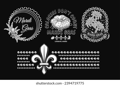 Carnival Mardi Gras labels with Fleur de Lis, holiday food, party streamers, strings of beads, text Vintage illustrations on black background For prints, clothing, t shirt, holiday goods, stuff design