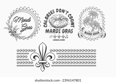 Carnival Mardi Gras labels with Fleur de Lis, holiday food, party streamers, strings of beads, text Vintage illustrations on white background For prints, clothing, t shirt, holiday goods, stuff design