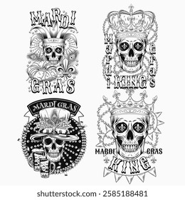 Carnival Mardi Gras labels with human skull, crown, festive garlands, king cake, beer, beads, glossy text. Black background. For prints, clothing, t shirt, holiday design