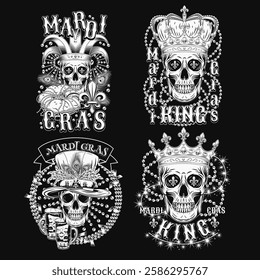 Carnival Mardi Gras labels with human skull, crown, festive garlands, king cake, beer, beads, glossy text. Black background. For prints, clothing, t shirt, holiday design